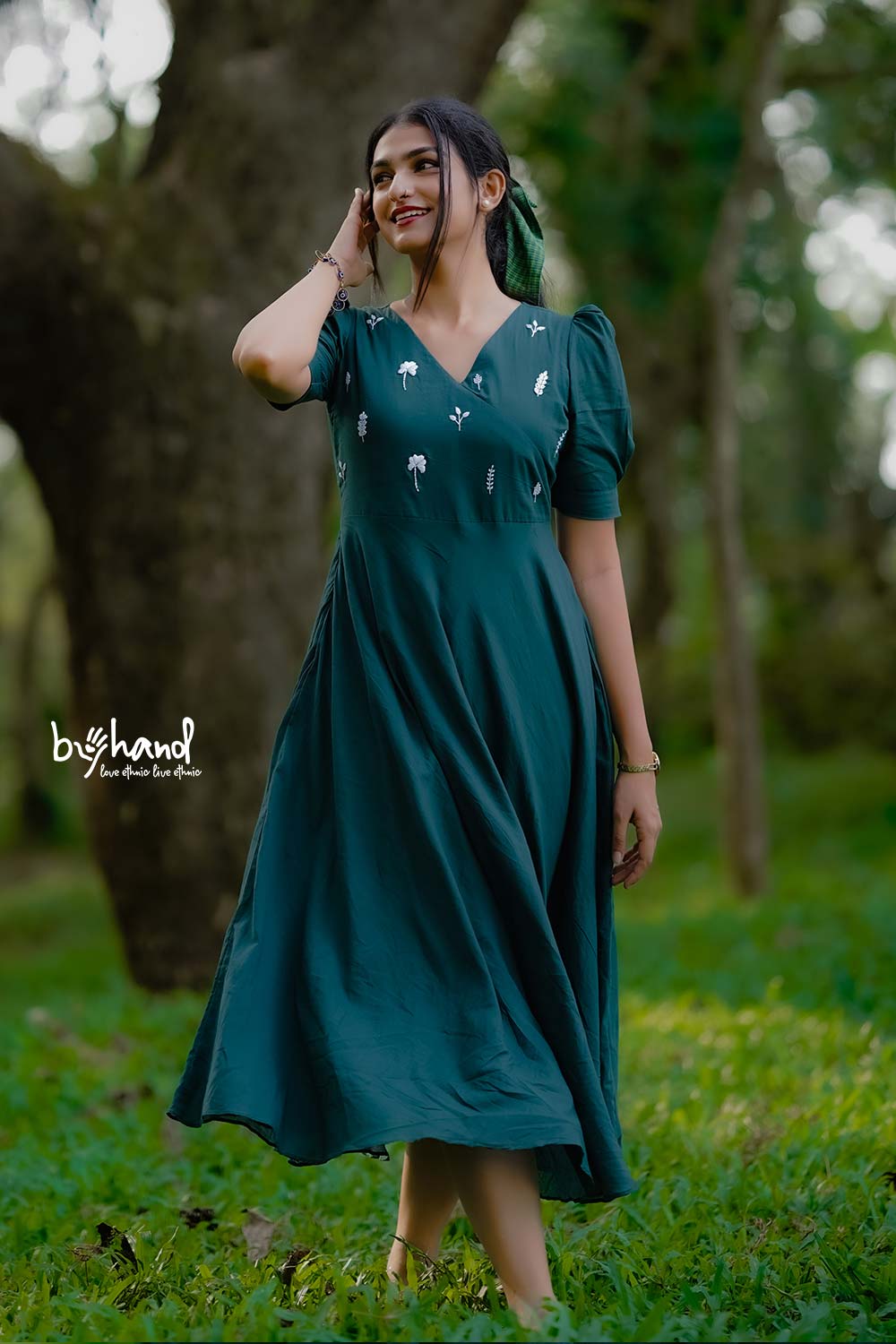 Green Yoke Cut Umberalla Dress With White Leaf Embroidery