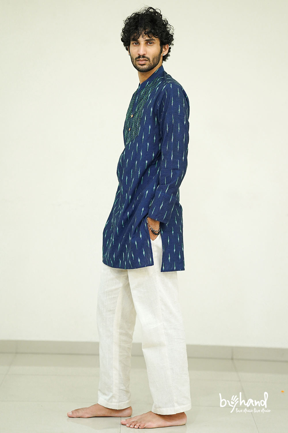 Ikath Long Kurta With Green Stichline Yoke