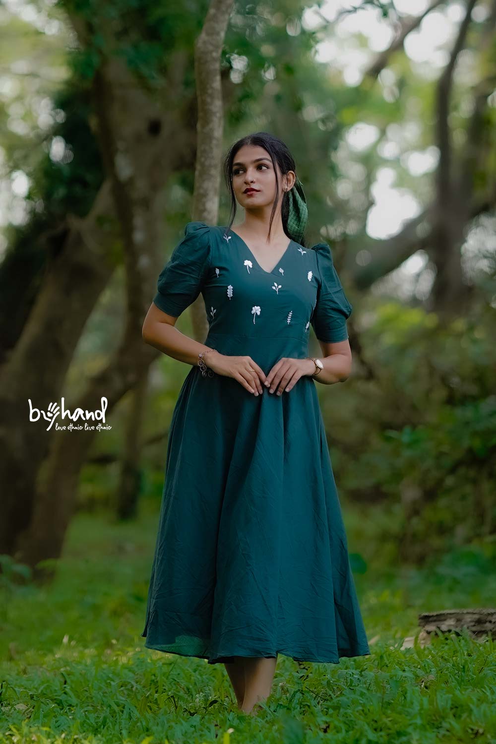 Green Yoke Cut Umberalla Dress With White Leaf Embroidery