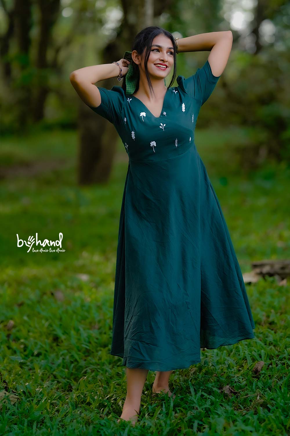 Green Yoke Cut Umberalla Dress With White Leaf Embroidery