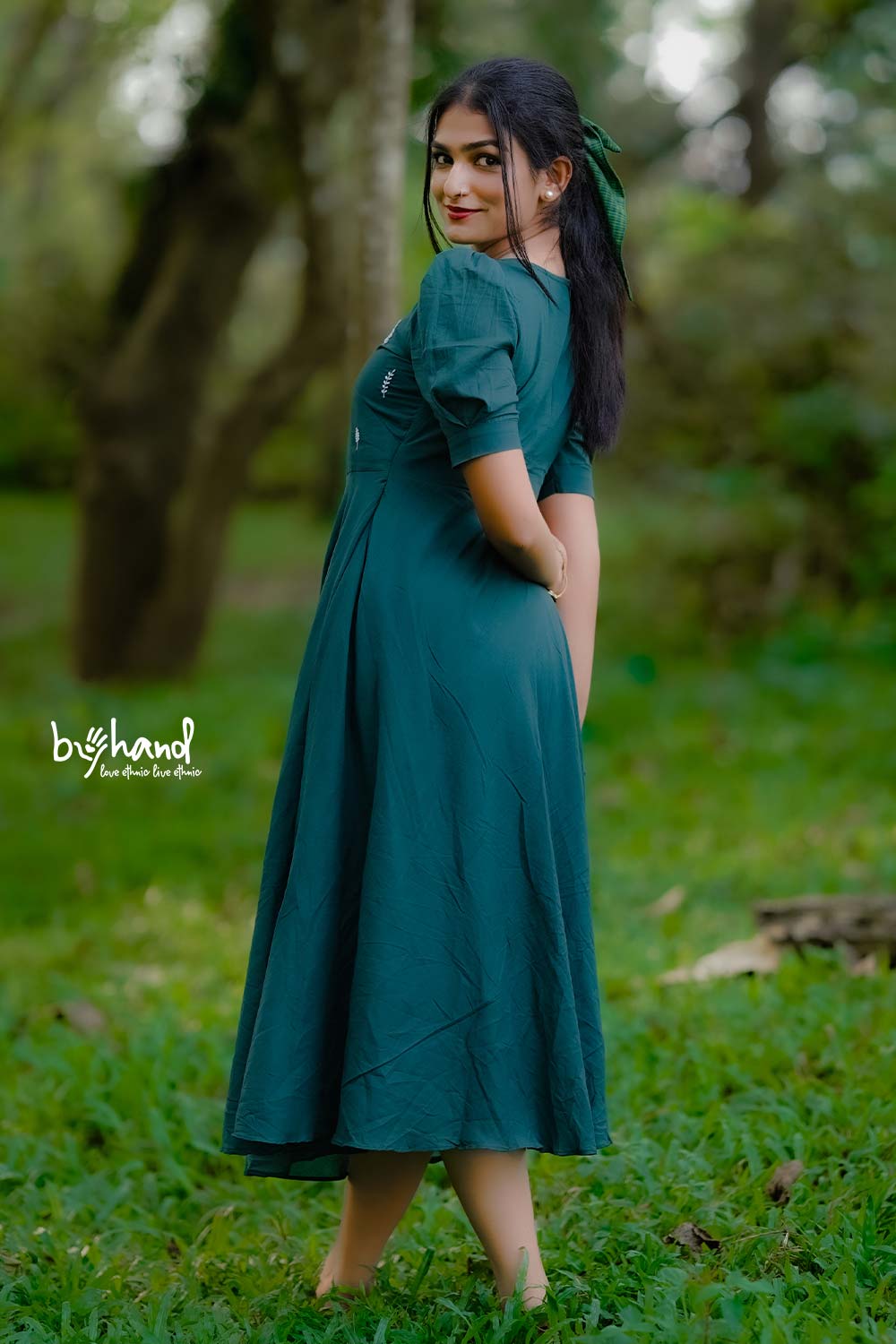 Green Yoke Cut Umberalla Dress With White Leaf Embroidery