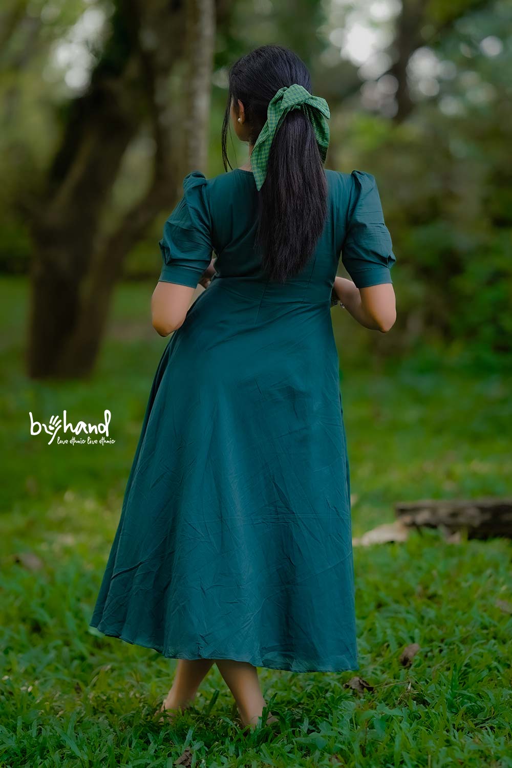 Green Yoke Cut Umberalla Dress With White Leaf Embroidery