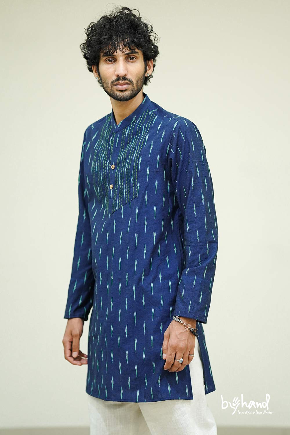 Ikath Long Kurta With Green Stichline Yoke
