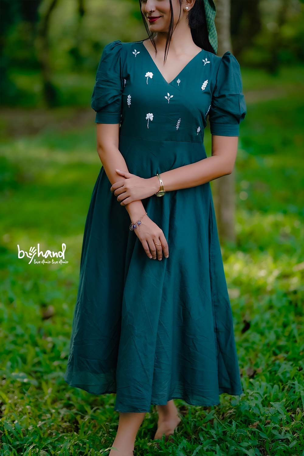 Green Yoke Cut Umberalla Dress With White Leaf Embroidery