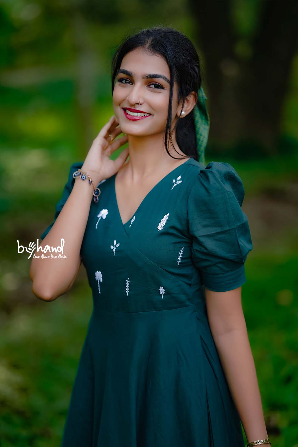 Green Yoke Cut Umberalla Dress With White Leaf Embroidery