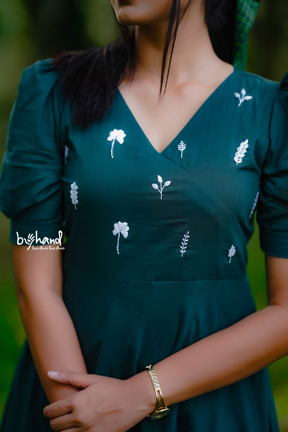 Green Yoke Cut Umberalla Dress With White Leaf Embroidery