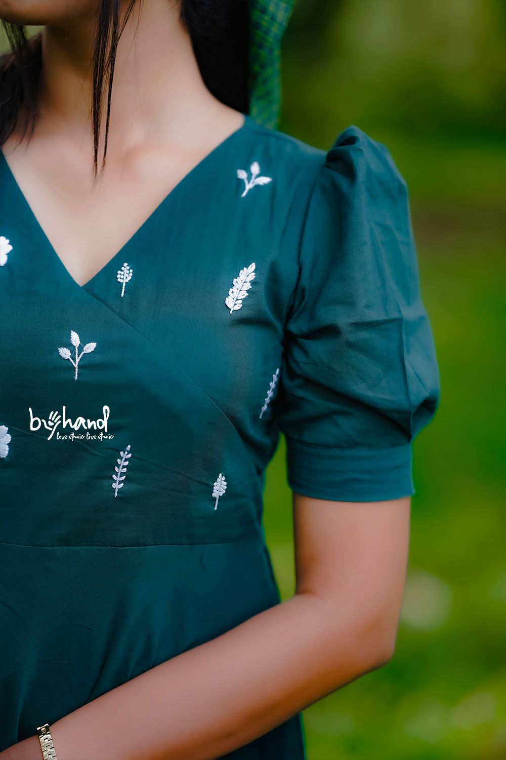Green Yoke Cut Umberalla Dress With White Leaf Embroidery
