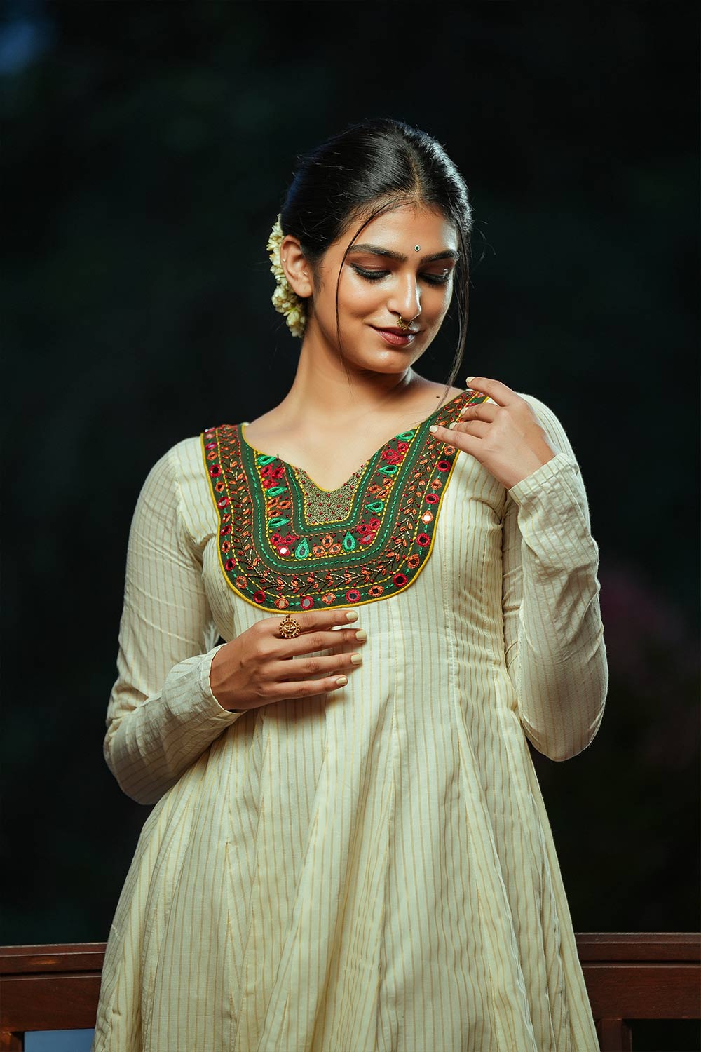 Off-white Cut Anarkali With Embroidery and Mirror Work Yoke