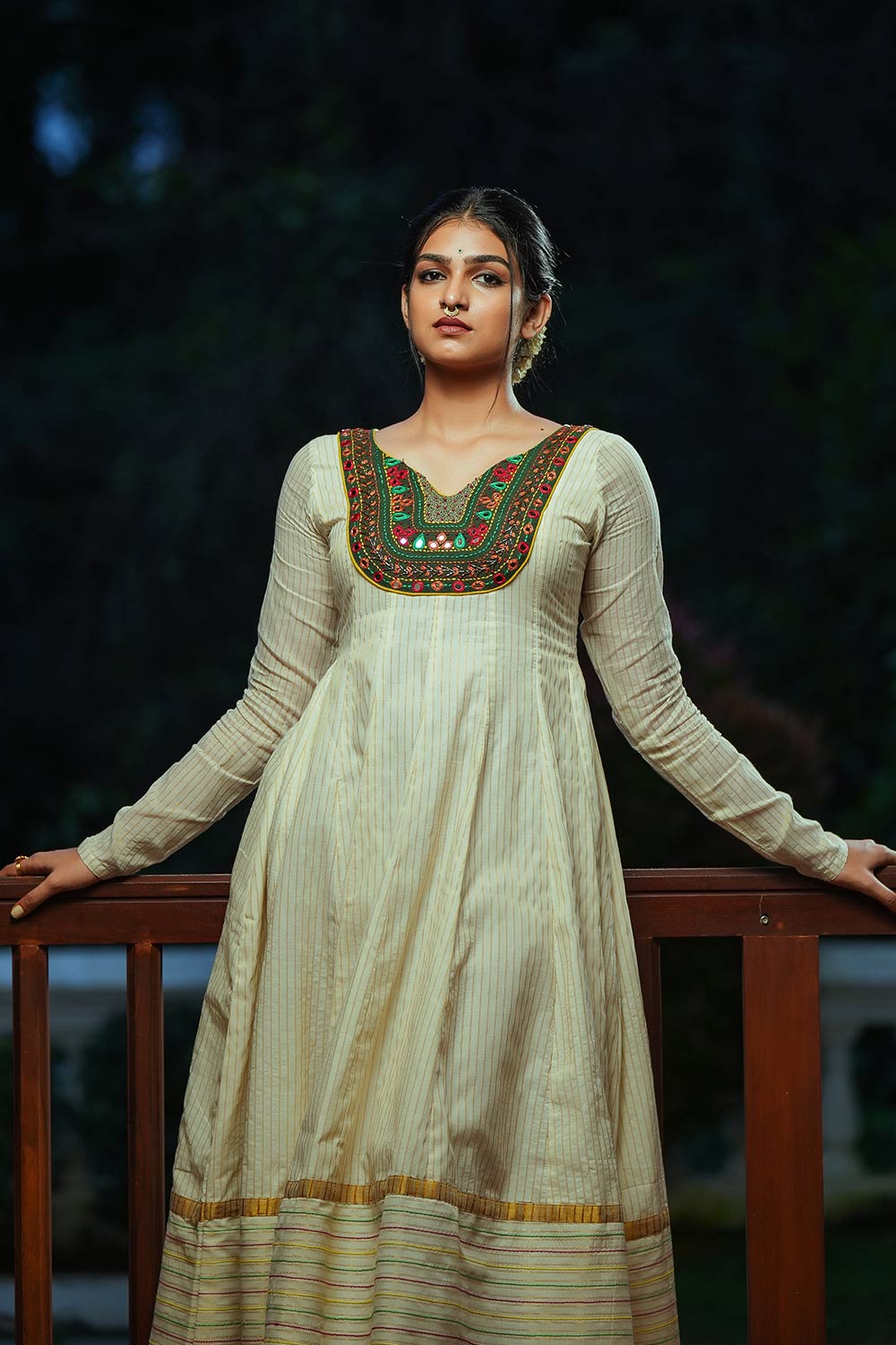 Off-white Cut Anarkali With Embroidery and Mirror Work Yoke