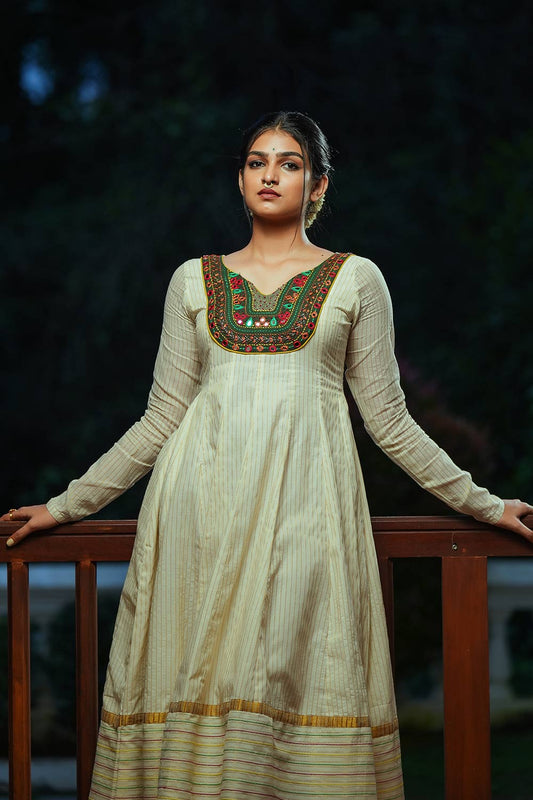 Off-white Cut Anarkali With Embroidery and Mirror Work Yoke