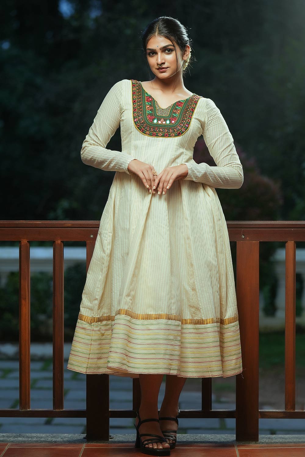 Off-white Cut Anarkali With Embroidery and Mirror Work Yoke