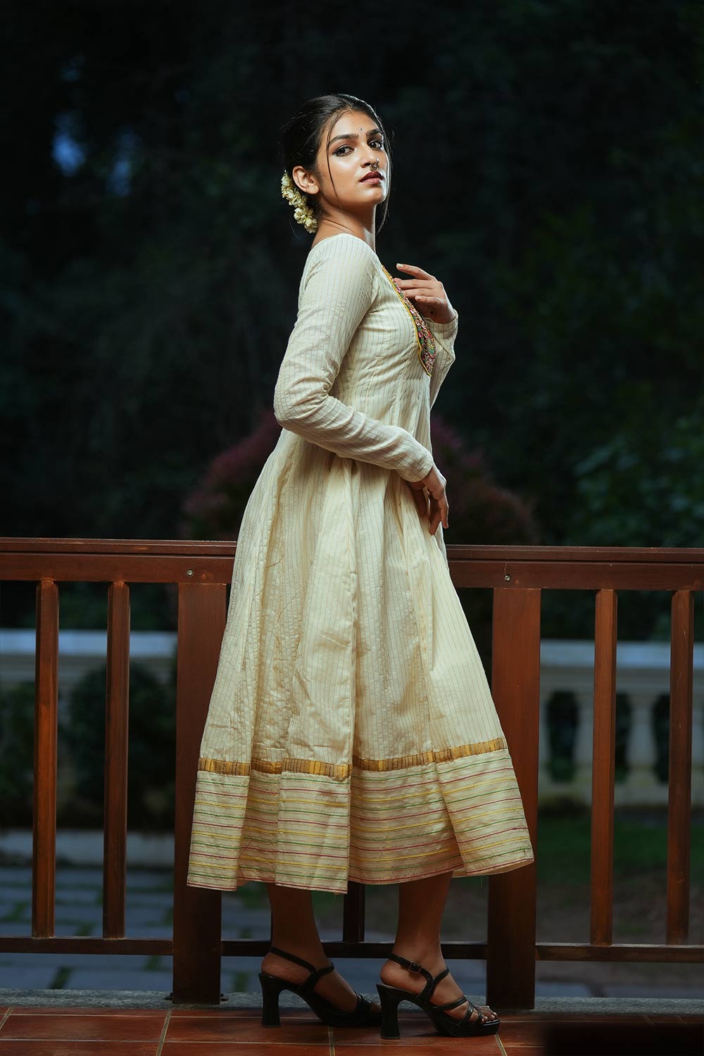 Off-white Cut Anarkali With Embroidery and Mirror Work Yoke