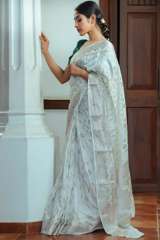 Offwhite Banarasi Worm Silk Saree With Golden and Peach Buttas And Borders