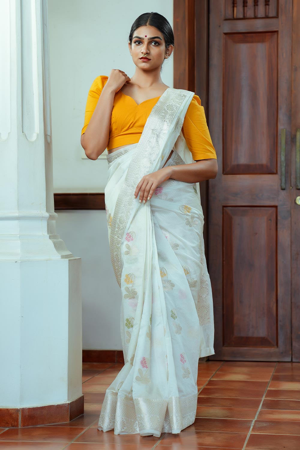 Offwhite Banarasi Worm Silk Saree With Multi-Coloured Flower And Golden Borders