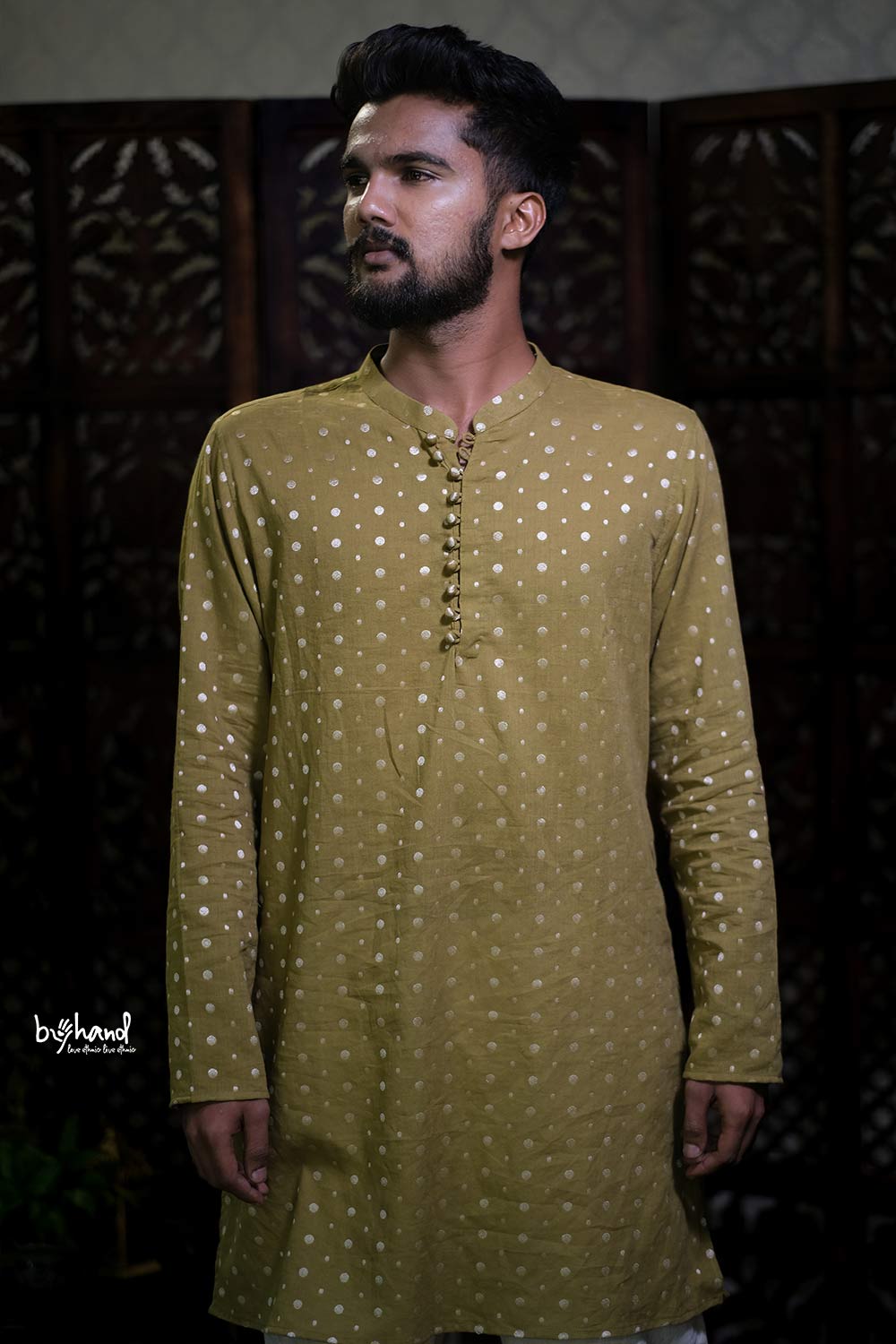 Olive Green Dyed Mens Long Kurta