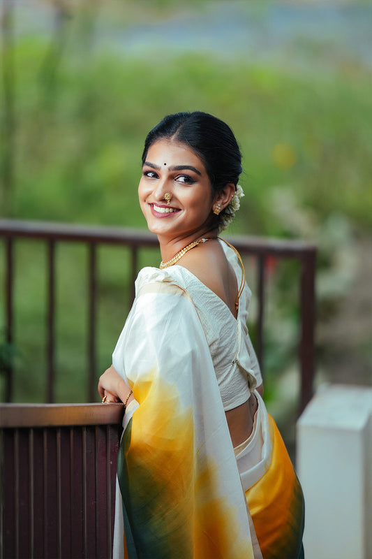 Pure Offwhite Chanderi Silk Dyed Saree in Green and Yellow shades