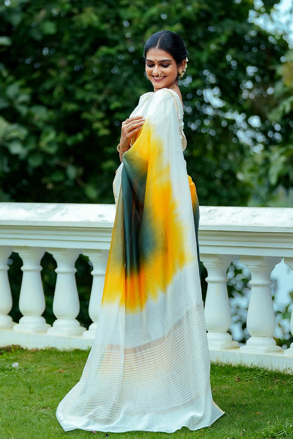 Pure Offwhite Chanderi Silk Dyed Saree in Green and Yellow shades