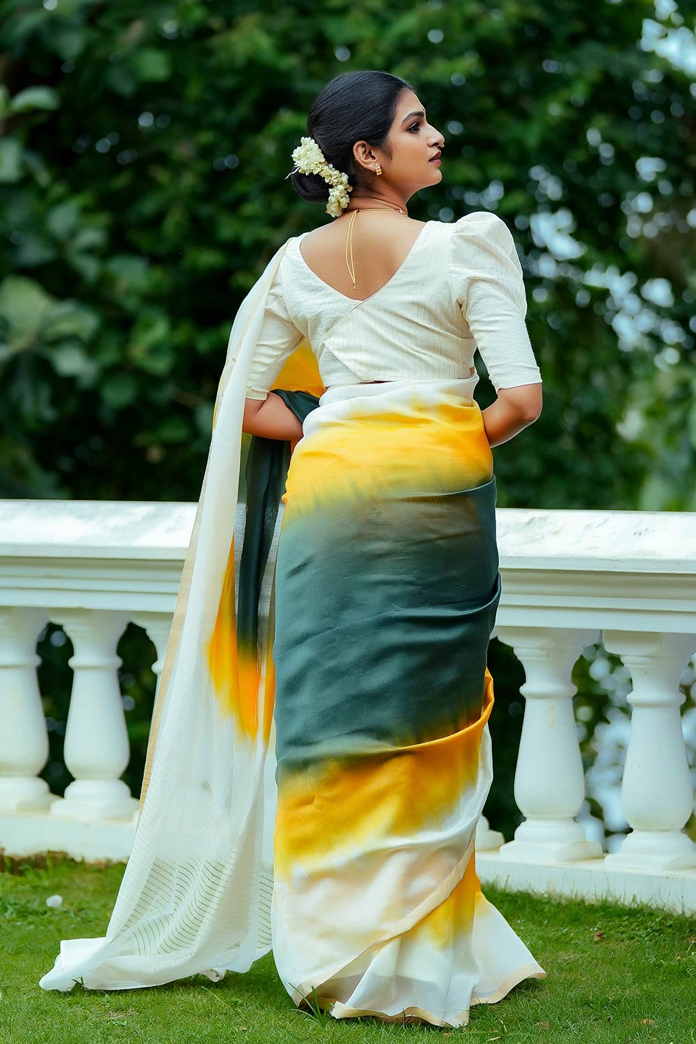 Pure Offwhite Chanderi Silk Dyed Saree in Green and Yellow shades