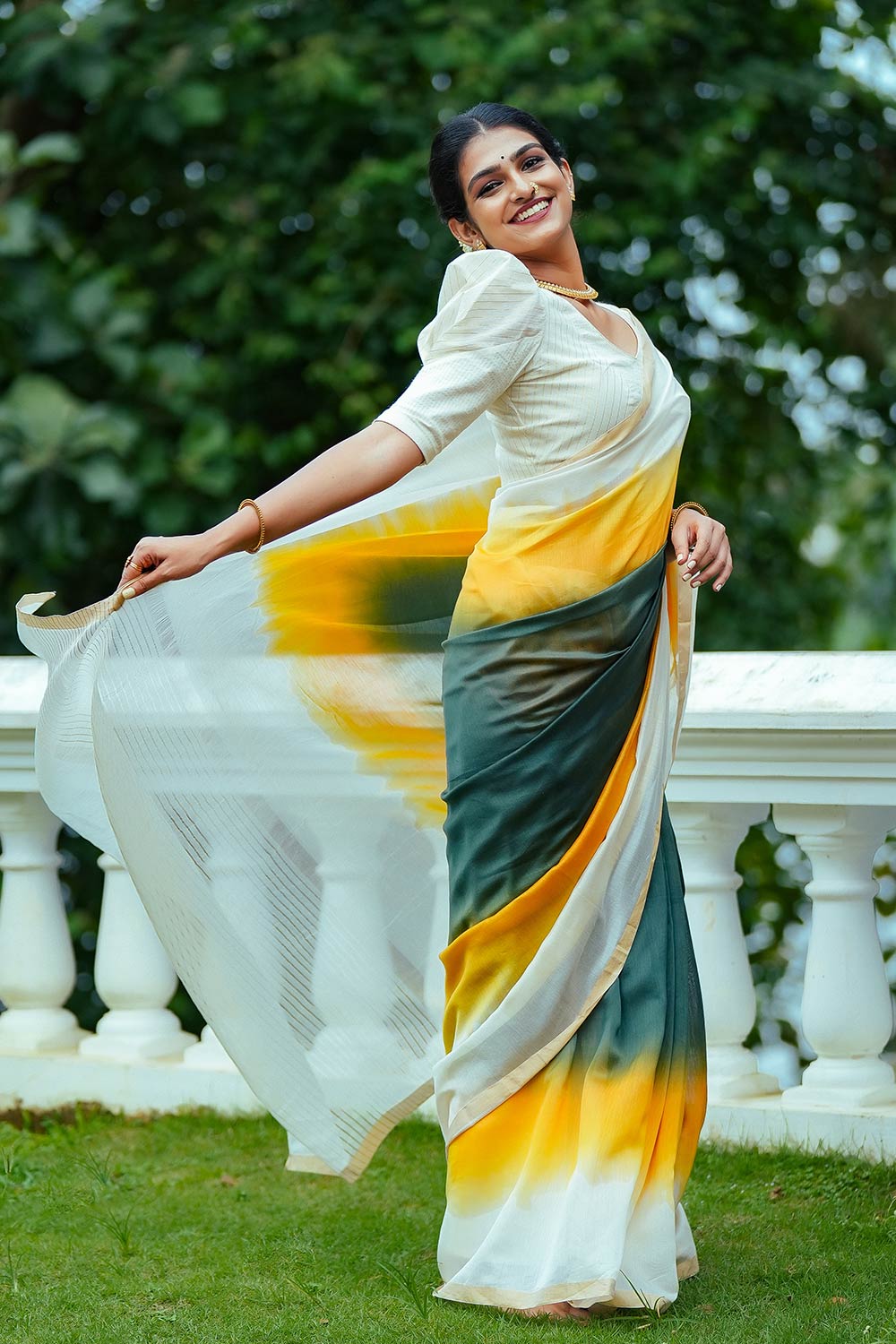 Pure Offwhite Chanderi Silk Dyed Saree in Green and Yellow shades