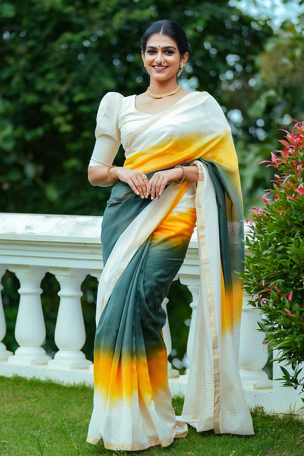 Pure Offwhite Chanderi Silk Dyed Saree in Green and Yellow shades