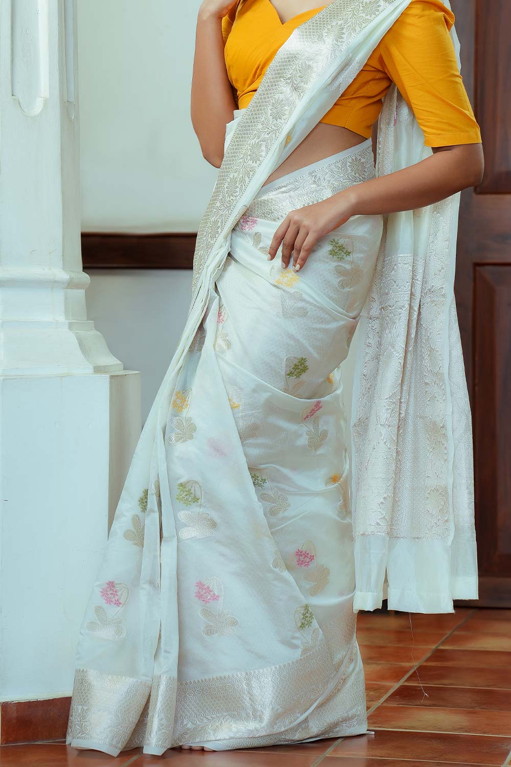 Offwhite Banarasi Worm Silk Saree With Multi-Coloured Flower And Golden Borders