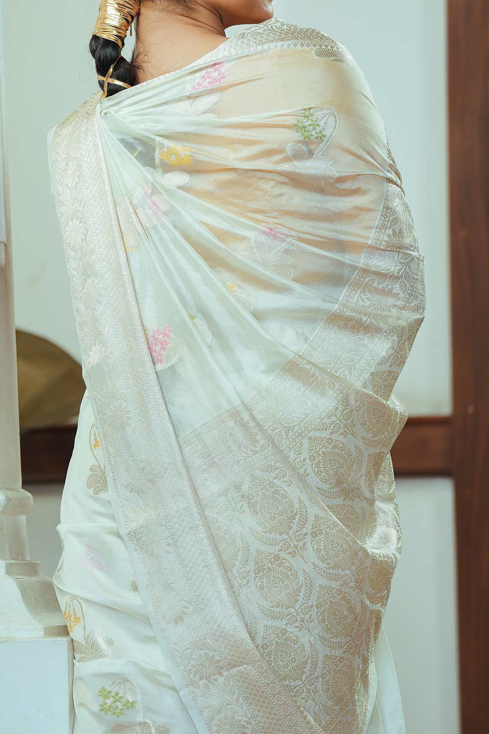 Offwhite Banarasi Worm Silk Saree With Multi-Coloured Flower And Golden Borders