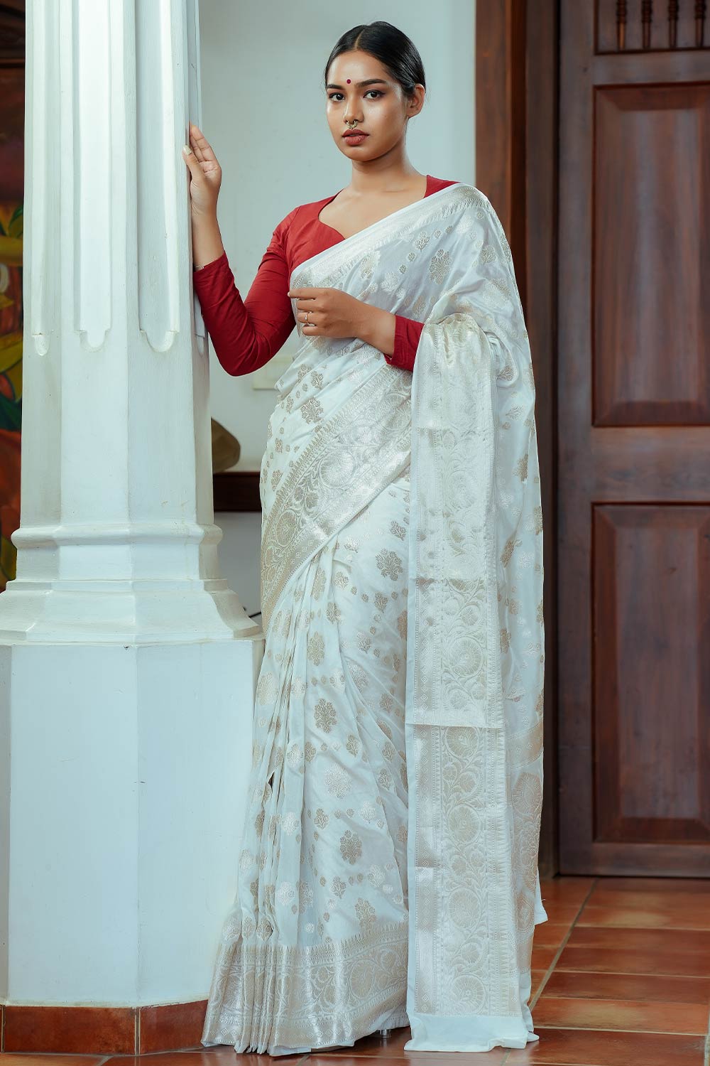 Offwhite chanderi saree with banarasi floral motif