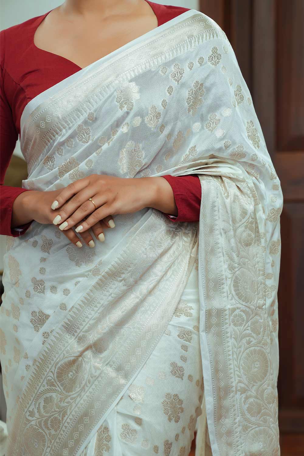 Offwhite chanderi saree with banarasi floral motif