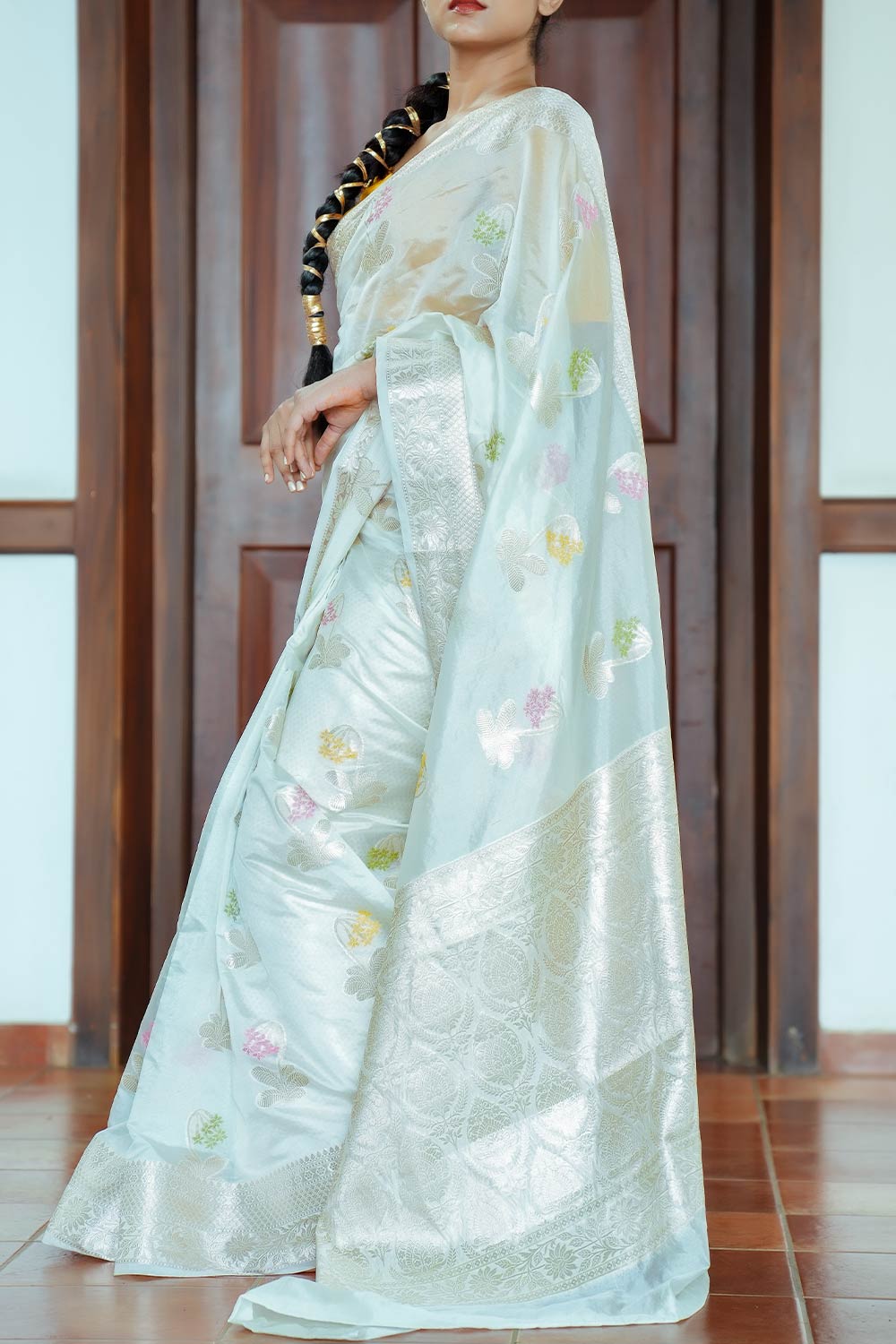 Offwhite chanderi saree with banarasi floral motif