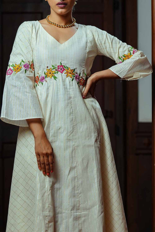 Off-White ZigZag Yoke Floral Anarkali