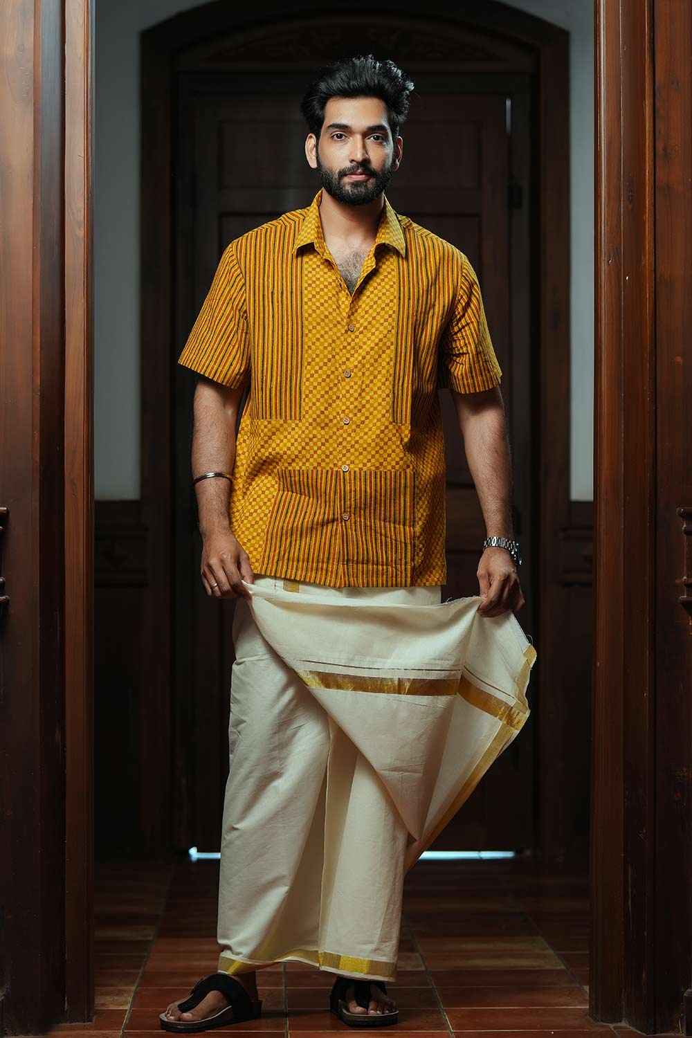 Yellow Half Sleeve Shirt With Check Print