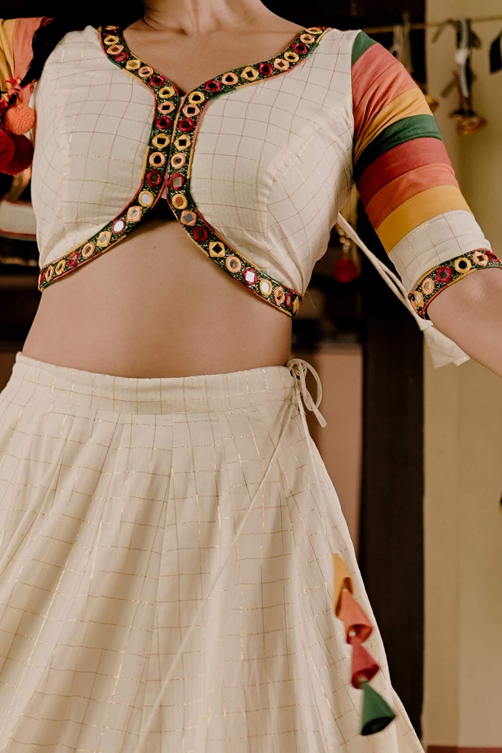 Off-White and Multicolour Mirror worked Blouse