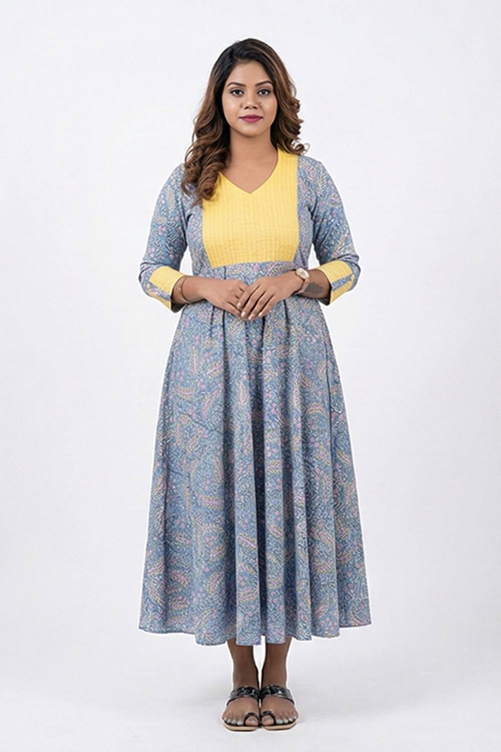 Blue Sanganeri Aline Leaf Print Dress