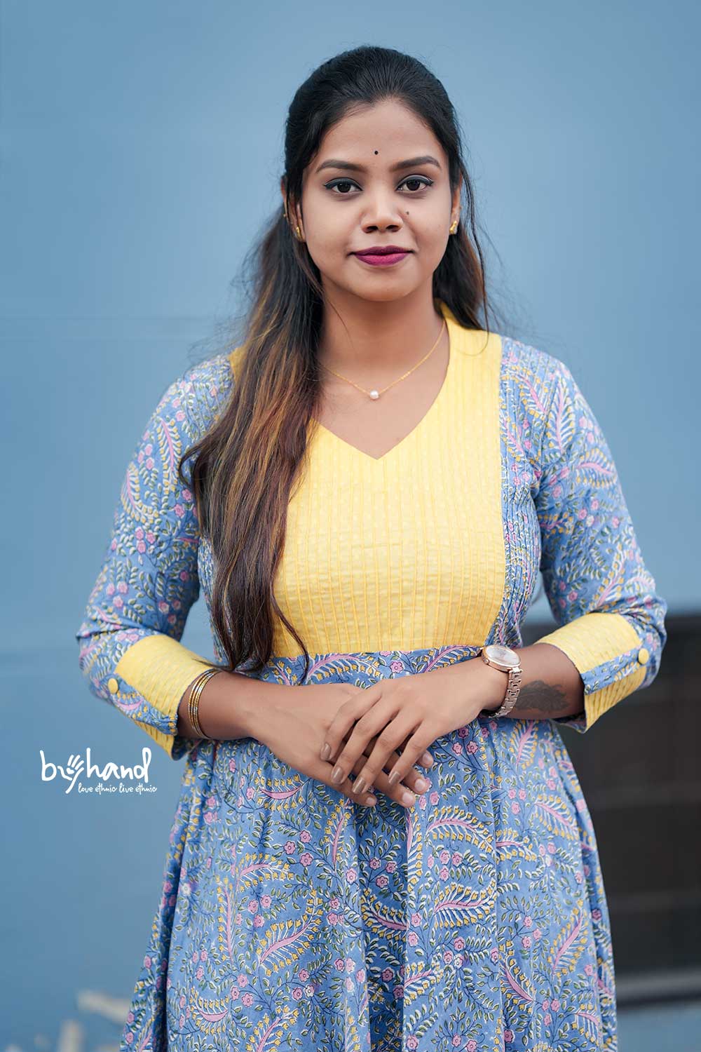 Blue Sanganeri Aline Leaf Print Dress
