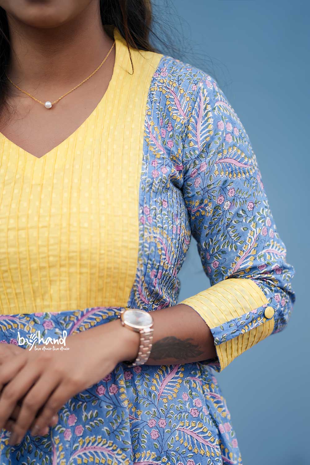 Blue Sanganeri Aline Leaf Print Dress
