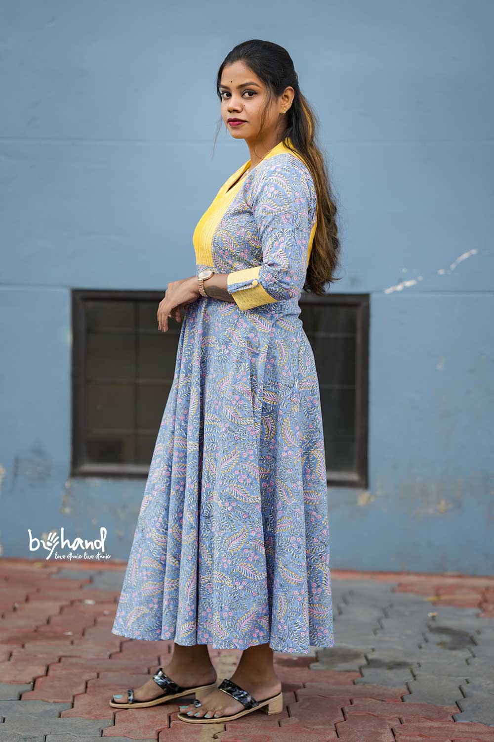 Blue Sanganeri Aline Leaf Print Dress