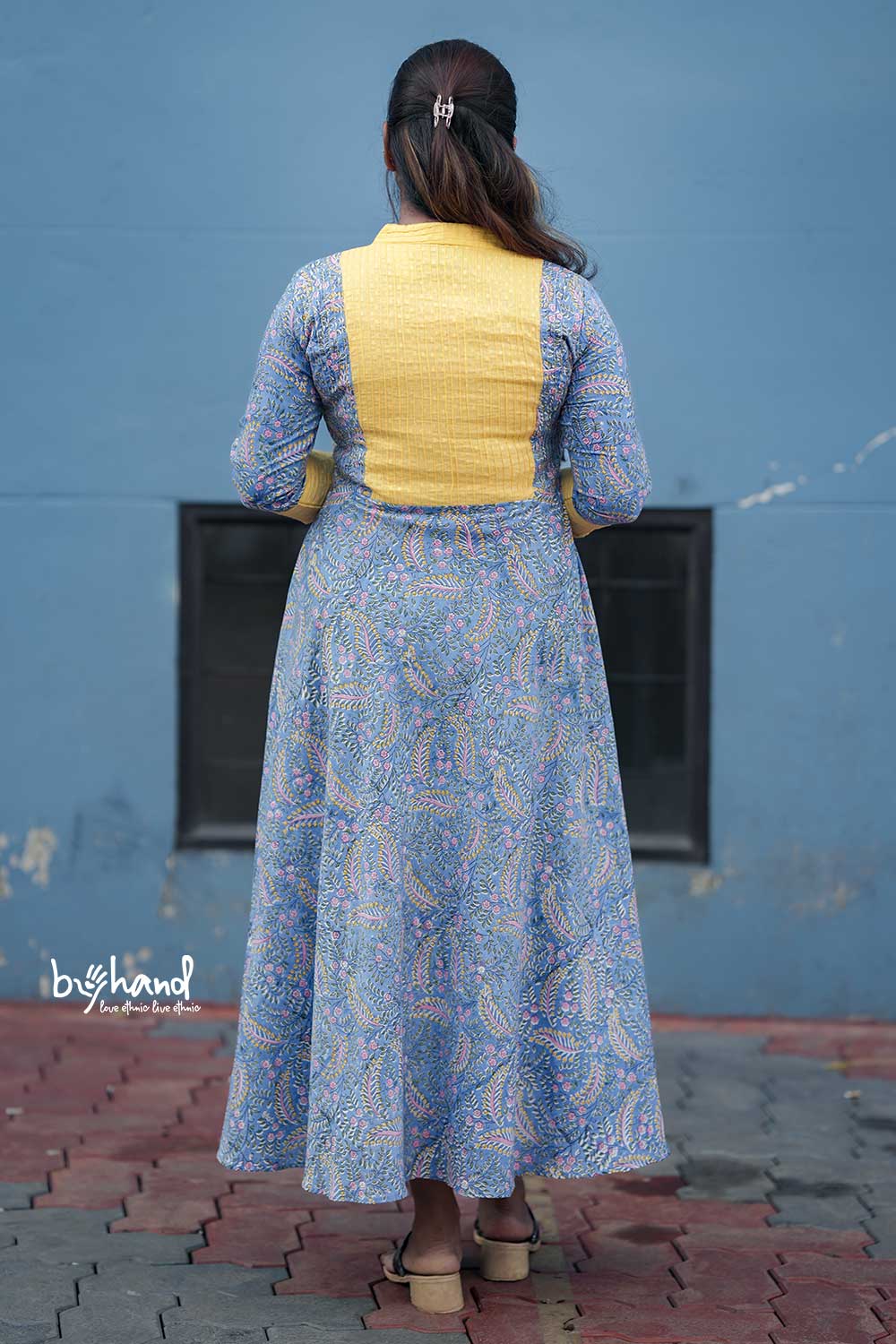 Blue Sanganeri Aline Leaf Print Dress