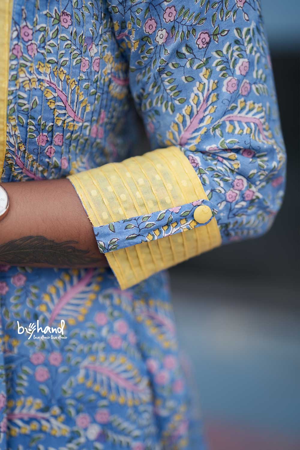 Blue Sanganeri Aline Leaf Print Dress