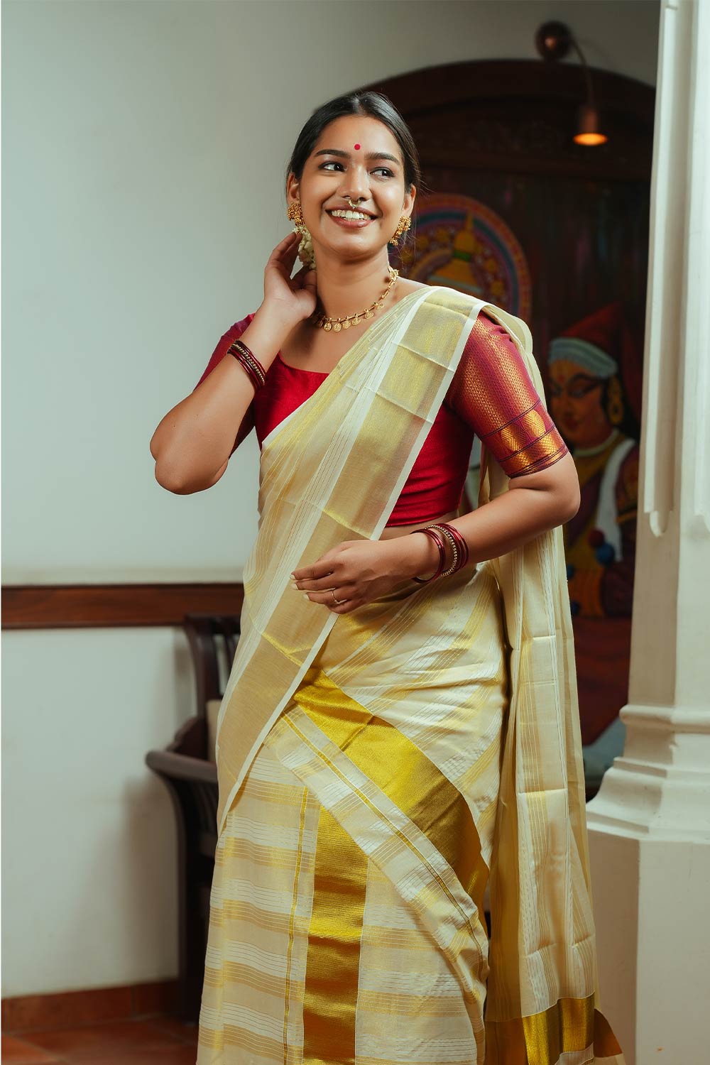 Offwhite Set Mundu With Golden Stripes