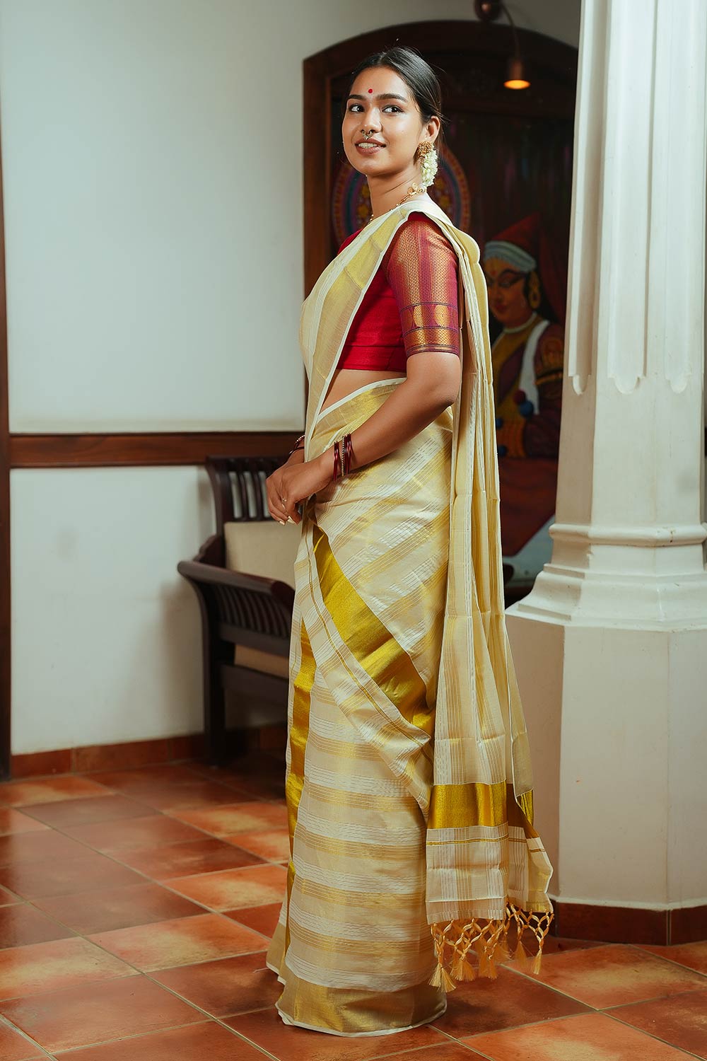 Offwhite Set Mundu With Golden Stripes