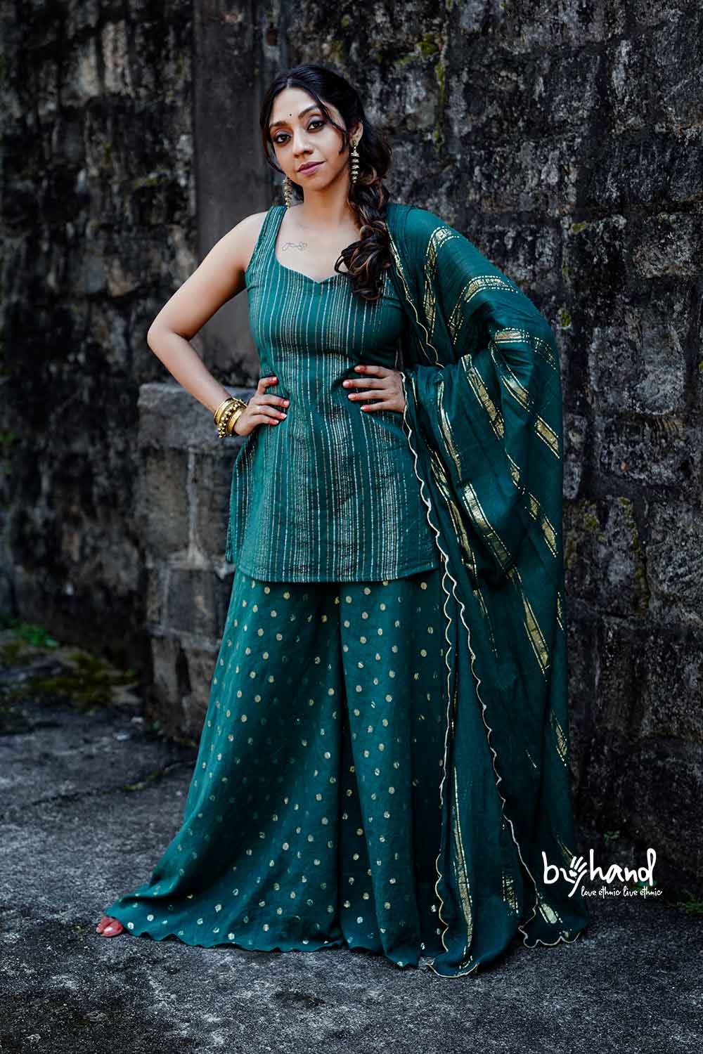 Dyed Green Lurex Kurthi Flared Pant
