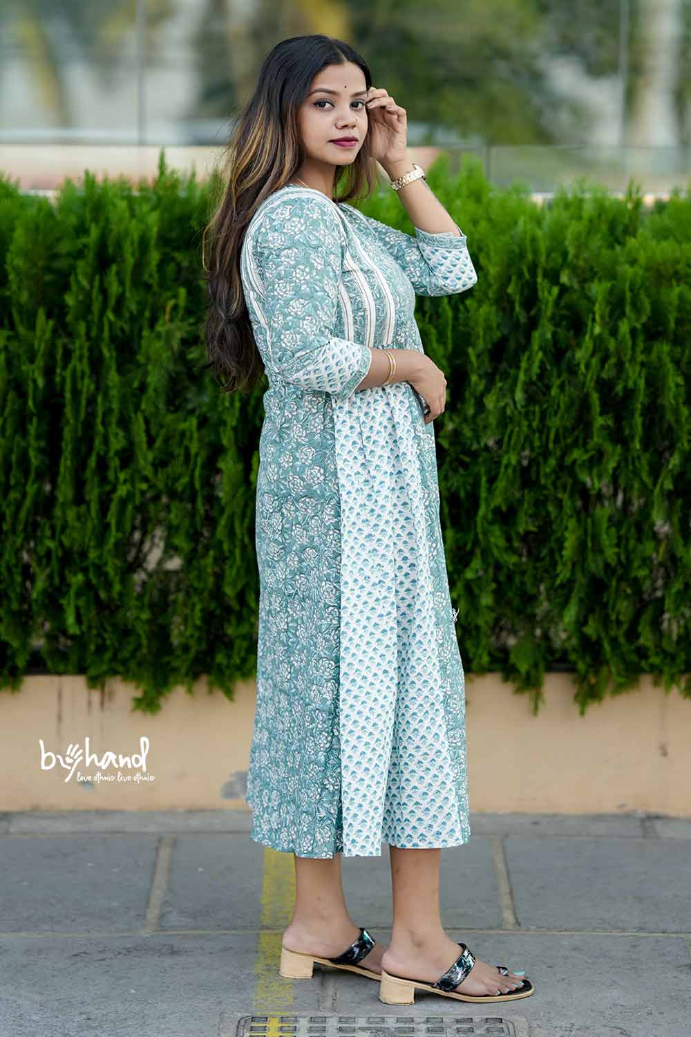 Sky Blue And Whit Sanganeri Aline Dress