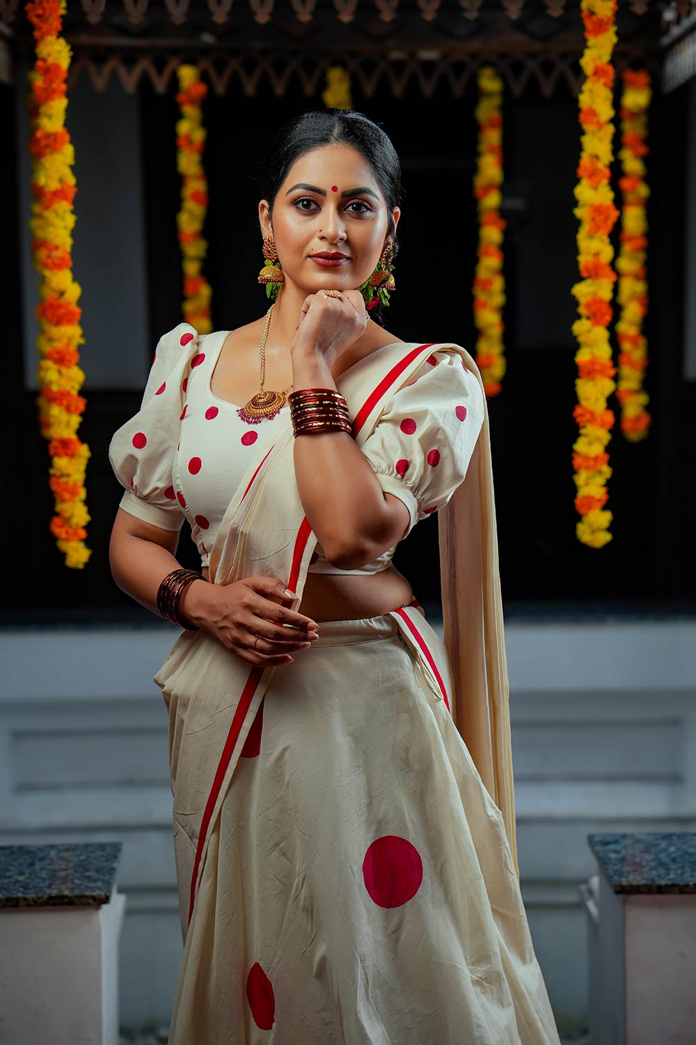 Red Polka Dots Dhawani Set