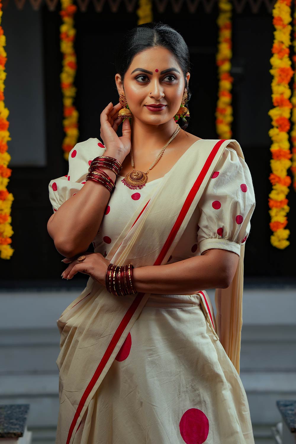 Red Polka Dots Dhawani Set