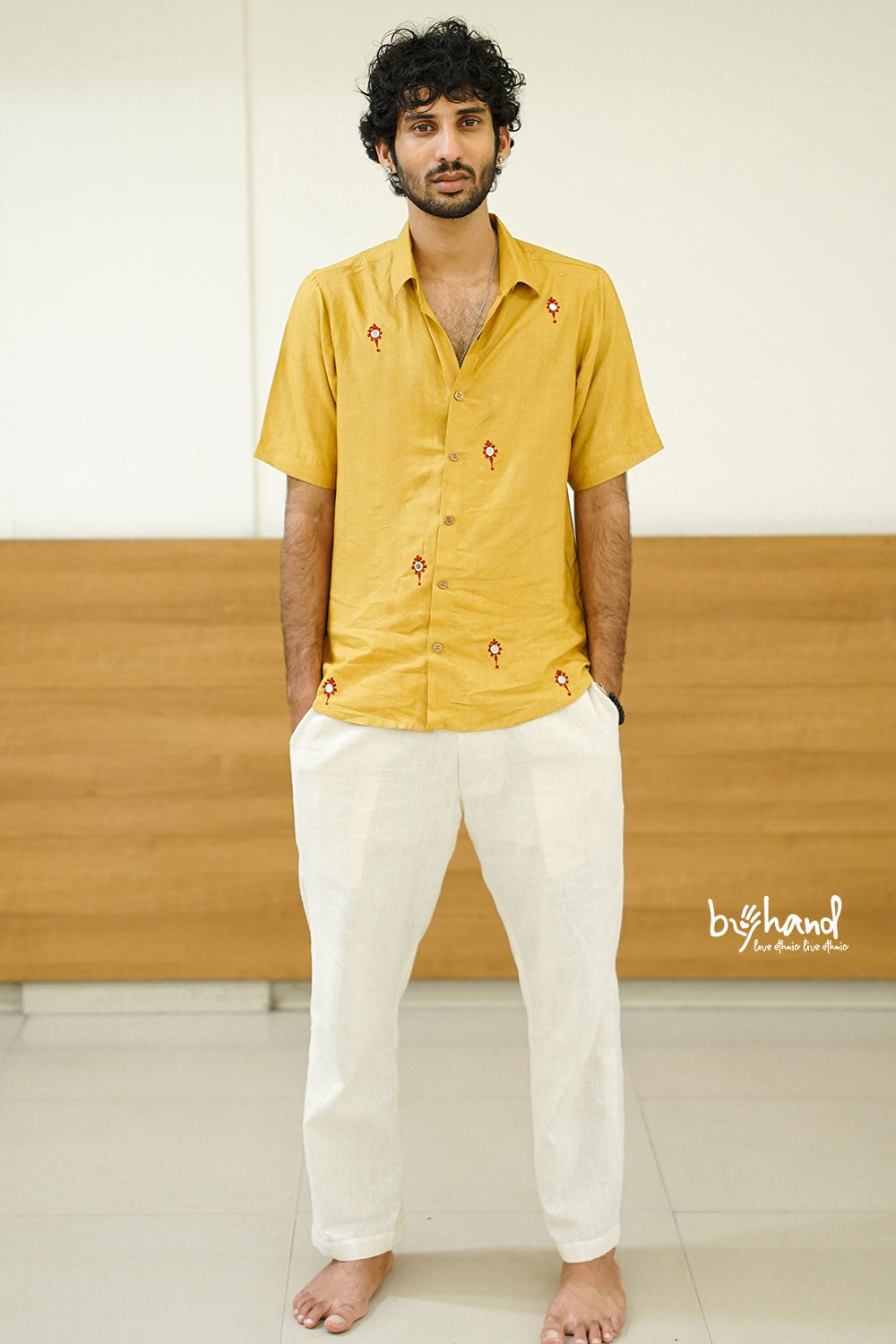 Slub Staple Yellow Shirt With Mirror Embroidery