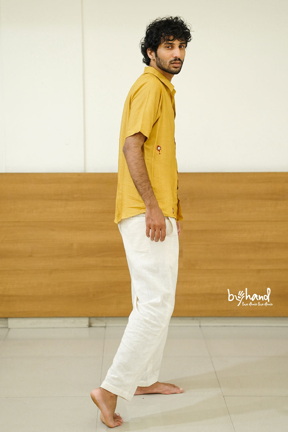 Slub Staple Yellow Shirt With Mirror Embroidery