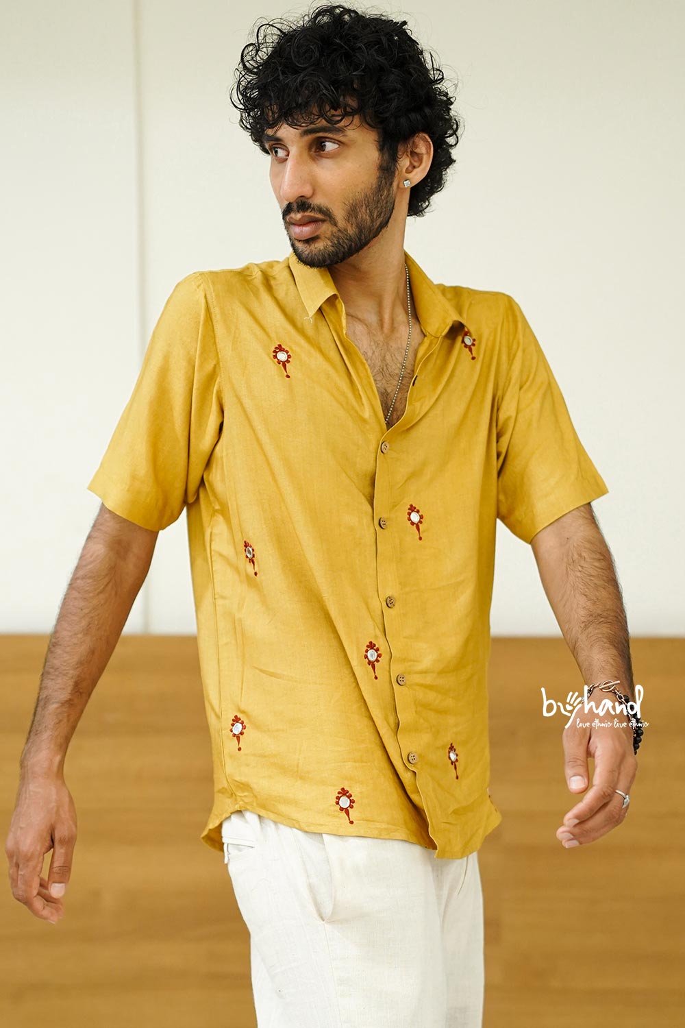 Slub Staple Yellow Shirt With Mirror Embroidery