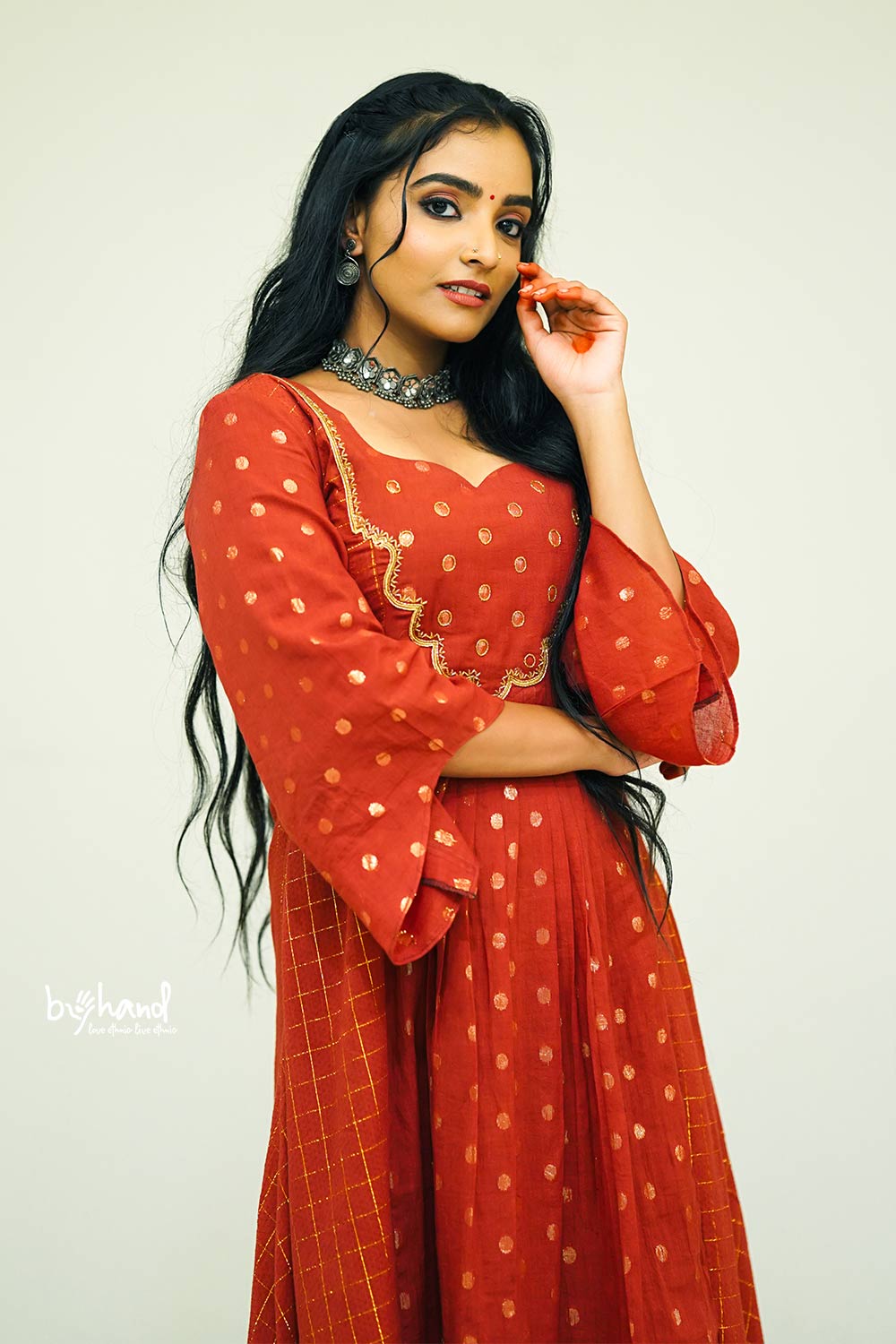 Red Base Golden Lurex Embroidery Yoke Dress