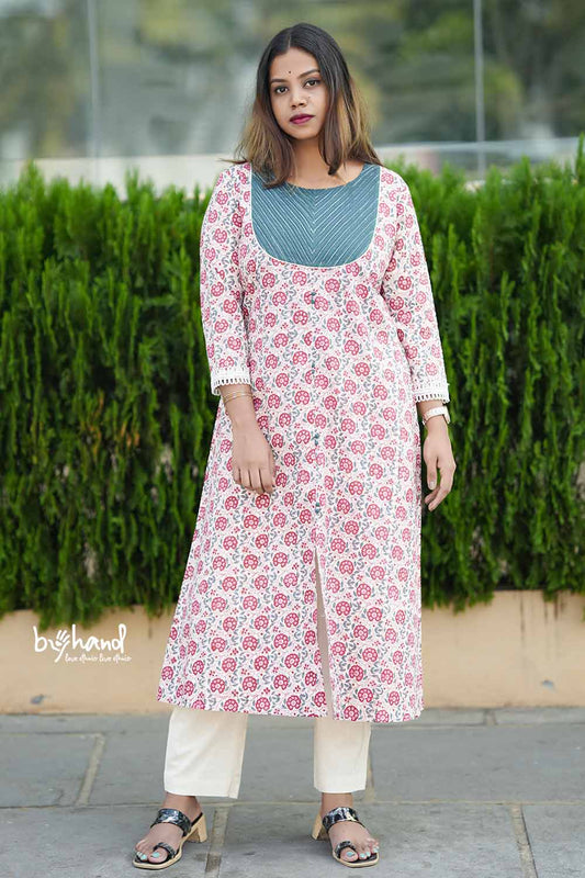 White Saganeri A Line Kurthi