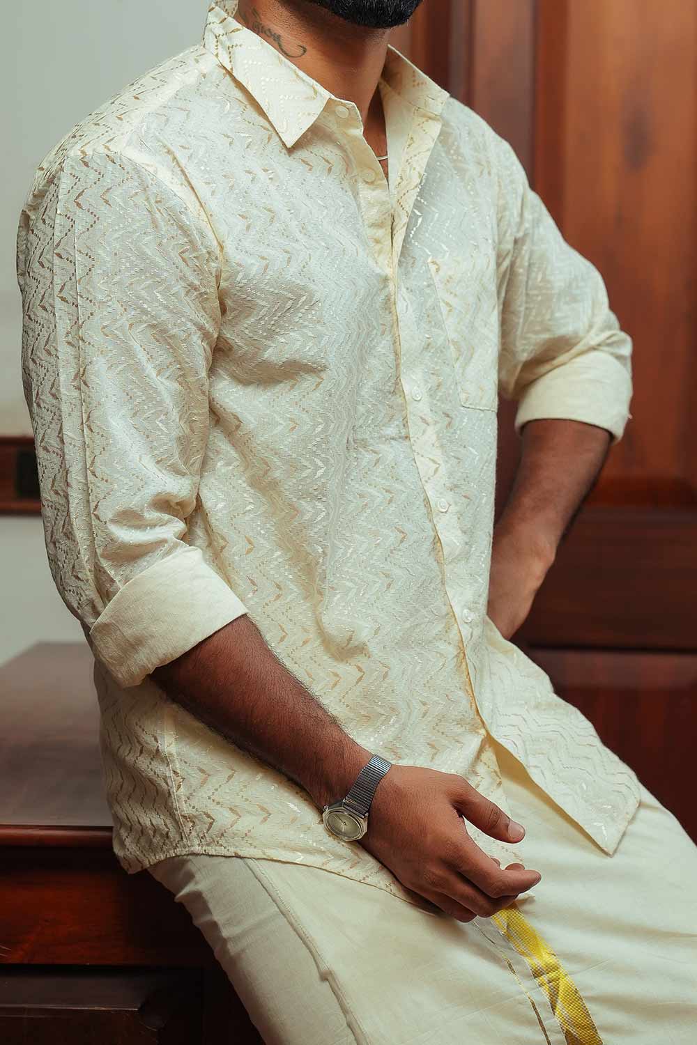 Offwhite Dobby Cotton Full Sleeve Shirt